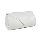 Rolled up white comforter made of 100% cotton shell and down alternative fill